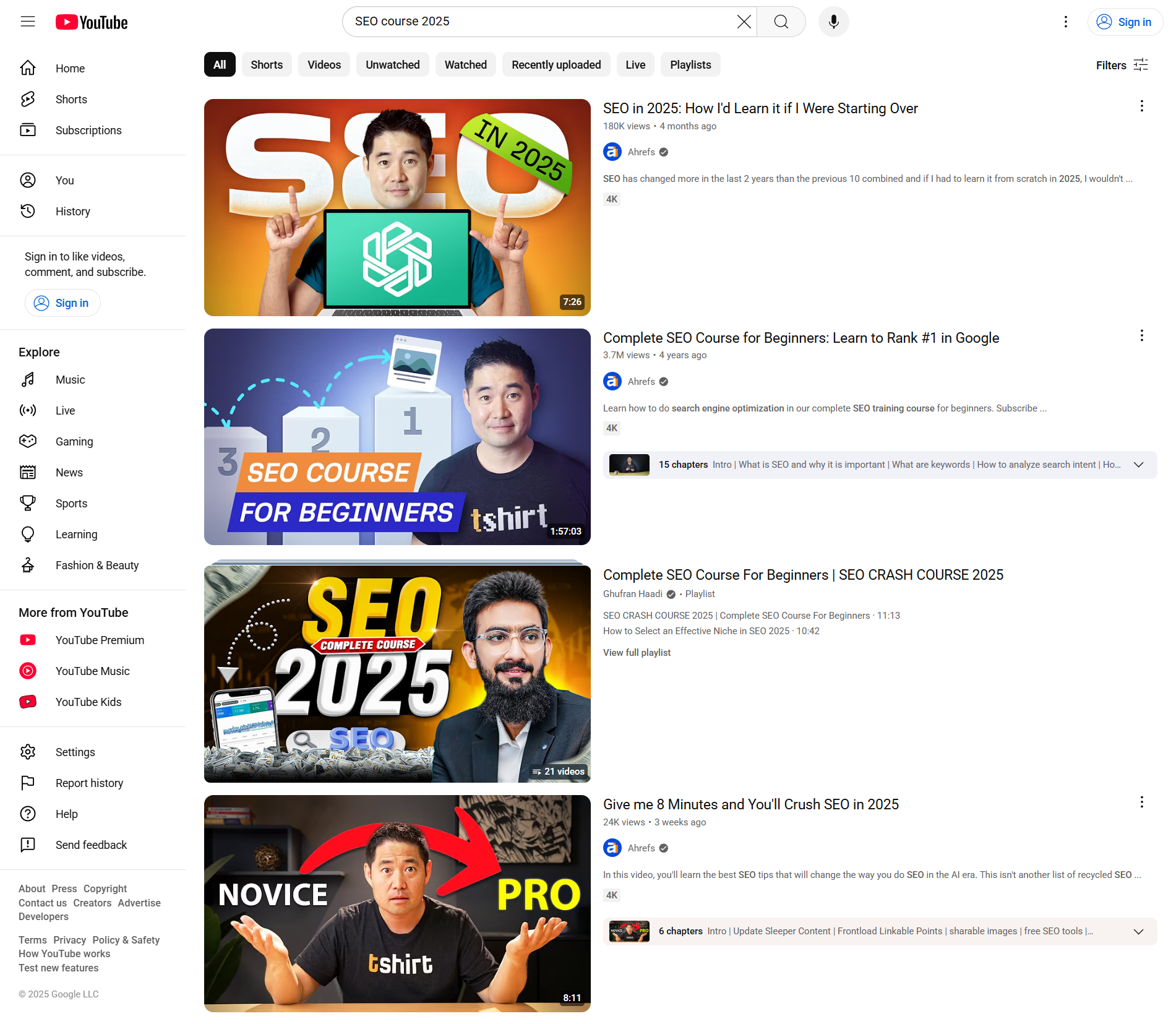 SEO course 2025 youtube screenshot